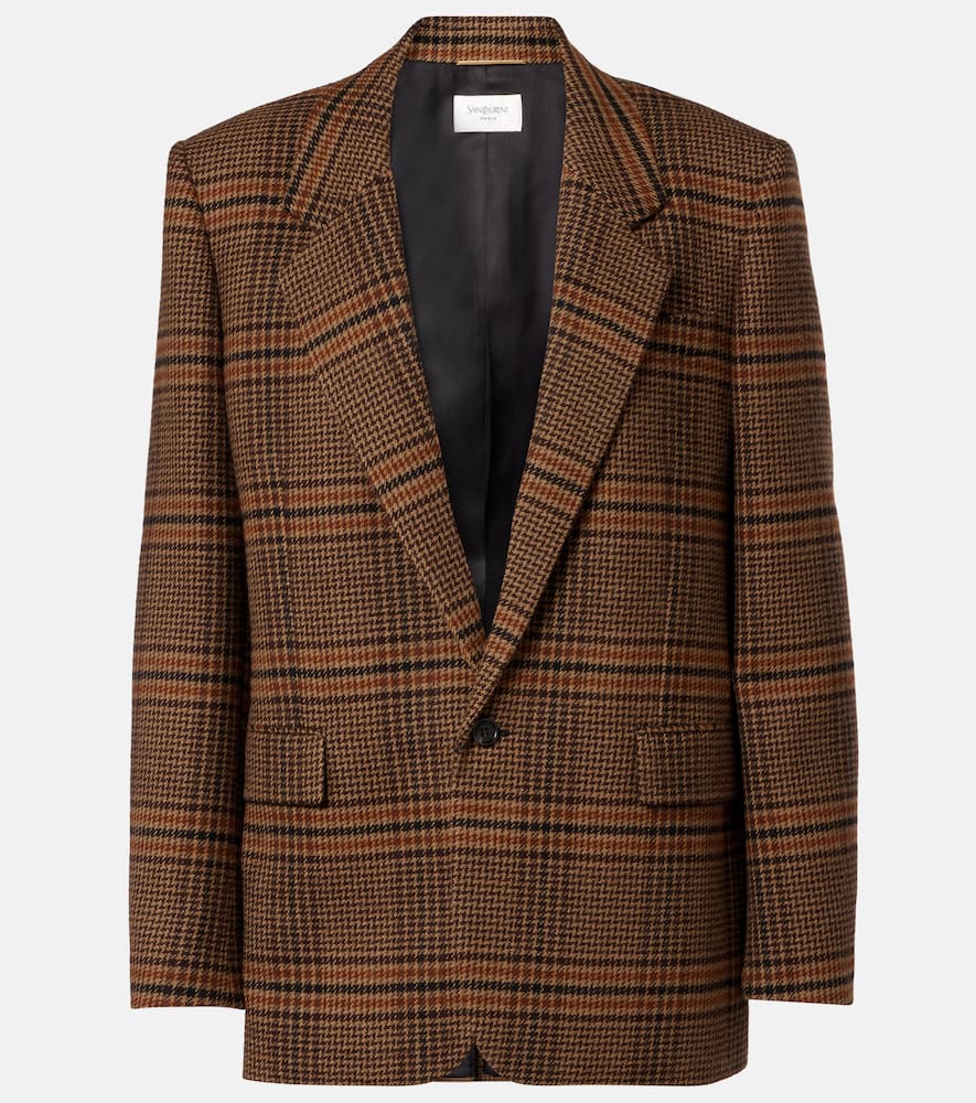 Saint Laurent Checked Wool Blazer In Brown