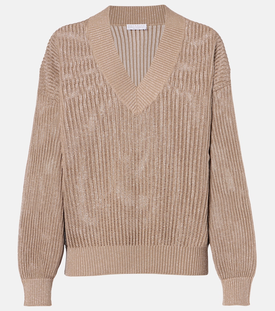 Brunello Cucinelli Women's Brown Cotton-Blend Lame Sweater UK Size 6 - Mytheresa