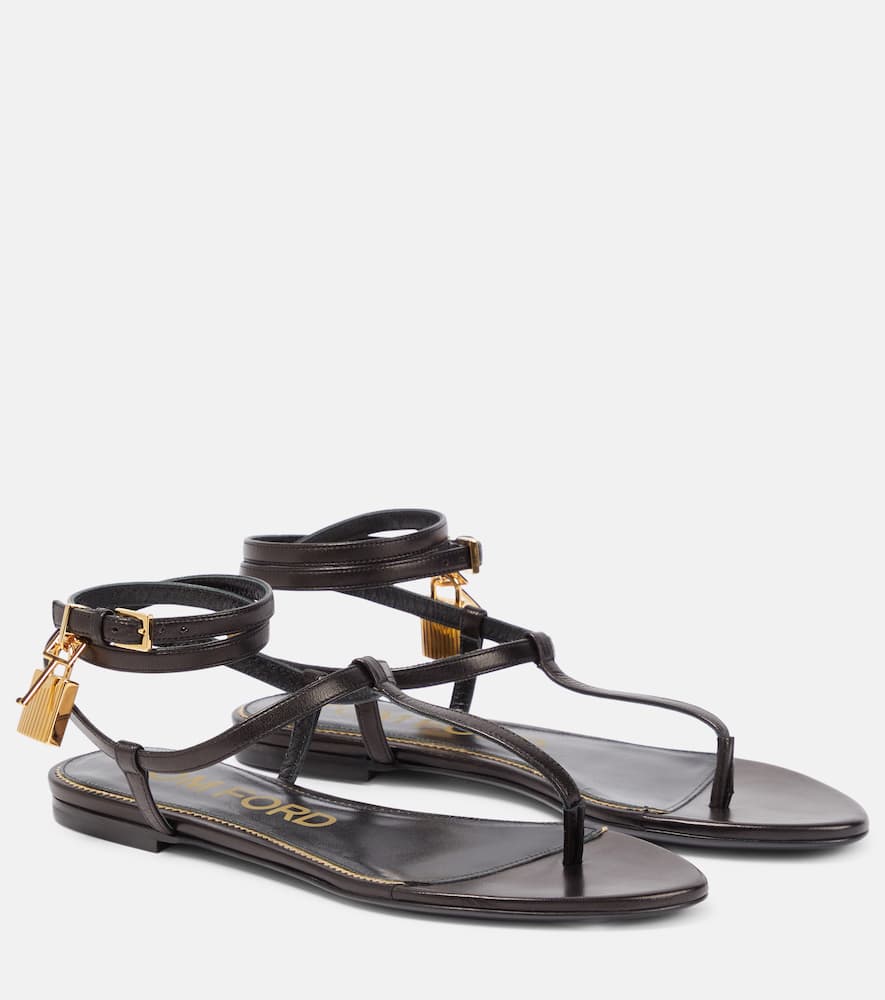 Tom Ford Black Shiny Leather Padlock Thong Sandals In Black