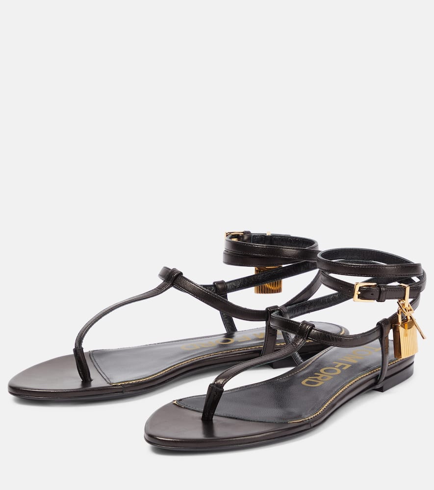 Tom Ford Black Shiny Leather Padlock Thong Sandals In Black