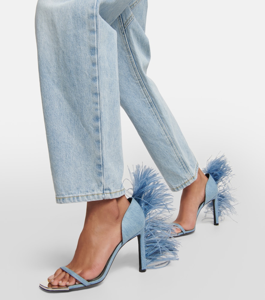 X Sergio Rossi Amazona Feather-Trimmed Denim Sandals