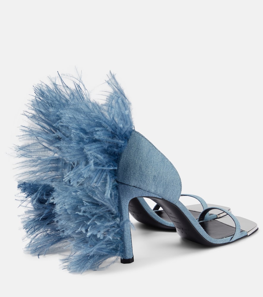 Shop Area X Sergio Rossi Amazona Feather-trimmed Denim Sandals In Blue