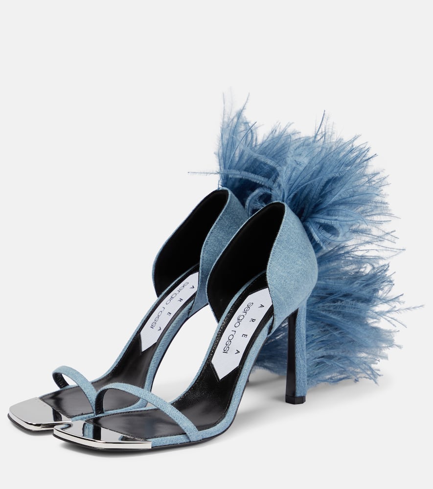 Shop Area X Sergio Rossi Amazona Feather-trimmed Denim Sandals In Blue