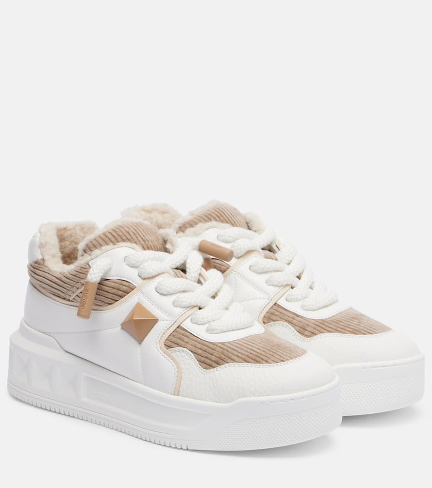 Valentino One Stud Xl Leather And Corduroy Sneakers In White