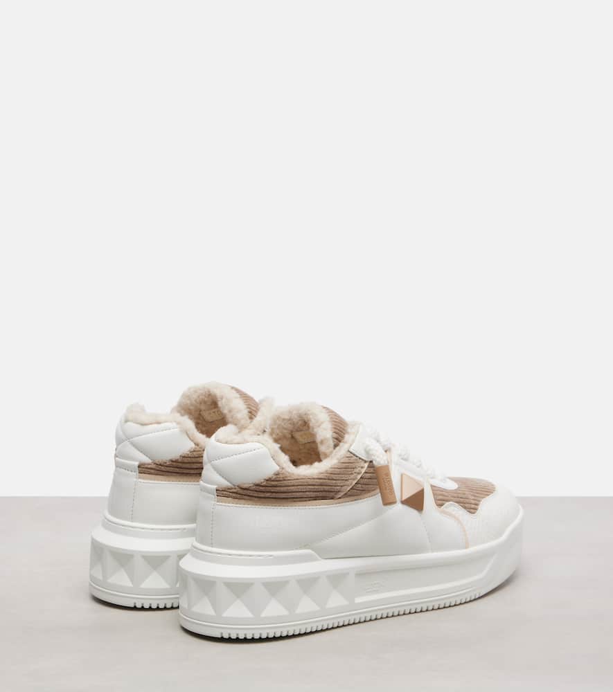 Valentino One Stud Xl Leather And Corduroy Sneakers In White