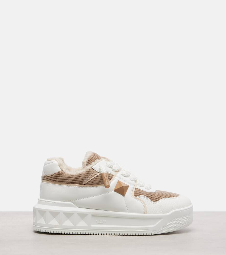 Valentino One Stud Xl Leather And Corduroy Sneakers In White