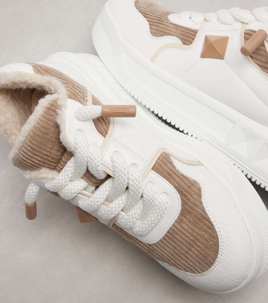 Valentino One Stud Xl Leather And Corduroy Sneakers In White