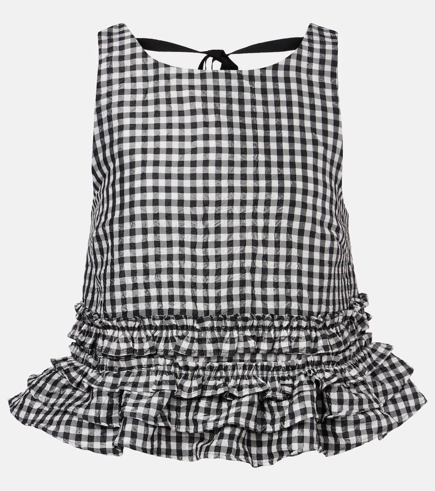Ganni Crinkled Check Frill Top In Black