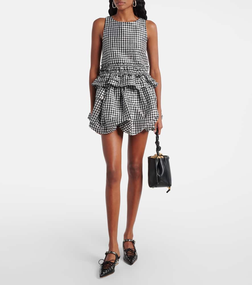 Ganni Crinkled Check Frill Top In Black