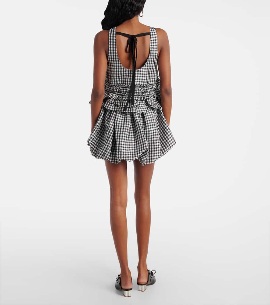 Ganni Crinkled Check Frill Top In Black