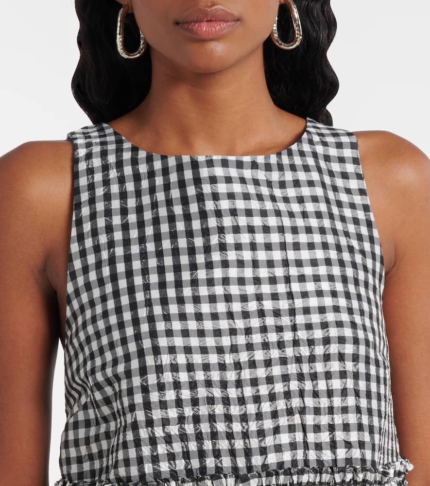 Ganni Crinkled Check Frill Top In Black