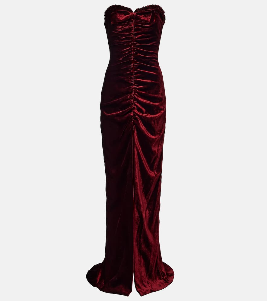 Alessandra Rich Bow-detail Ruched Velvet Gown In Burgundy