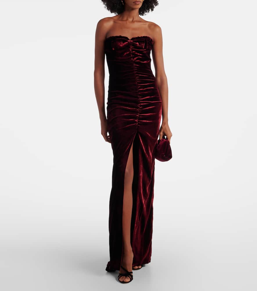 Alessandra Rich Bow-detail Ruched Velvet Gown In Burgundy