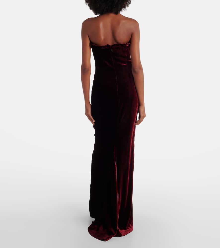 Alessandra Rich Bow-detail Ruched Velvet Gown In Burgundy