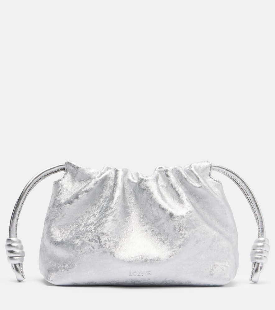 Loewe Flamenco Mini Metallic Leather Clutch In Silver