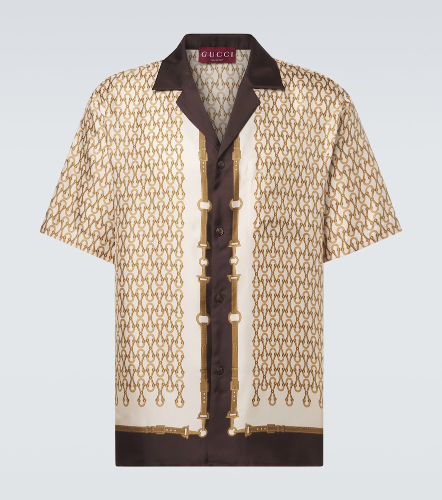 Gucci Men's Beige Printed Silk Twill Bowling Shirt Uk Size 15,5