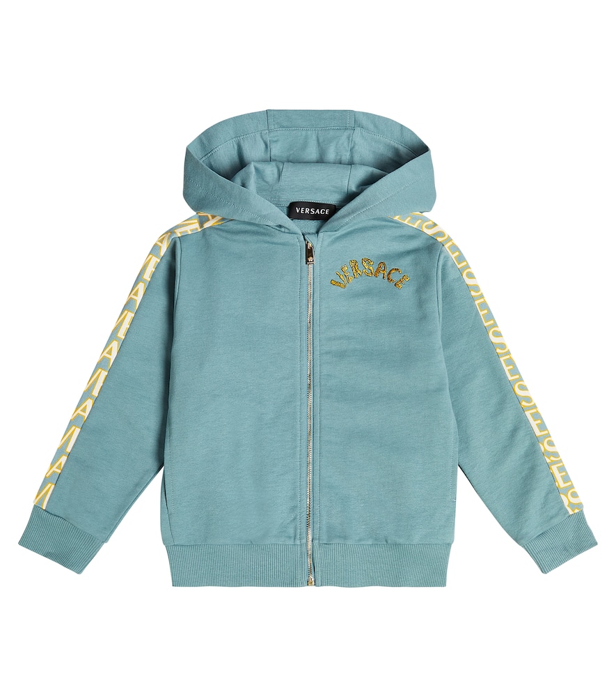 Shop Versace Logo Cotton Fleece Hoodie In Blue