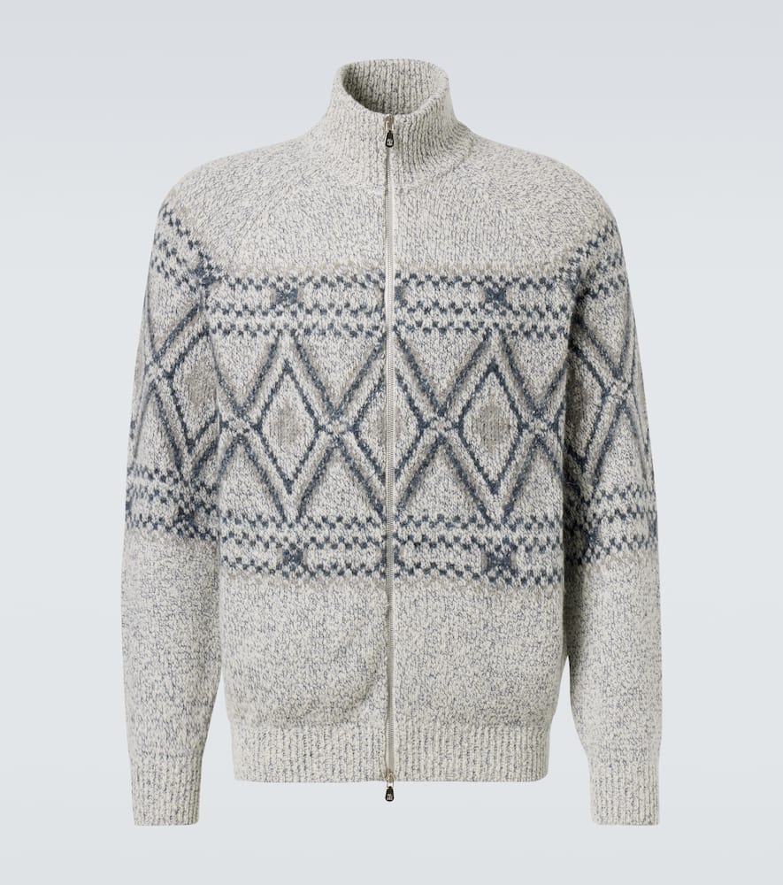 Brunello Cucinelli Argyle Wool, Silk And Cashmere Cardigan In Gray