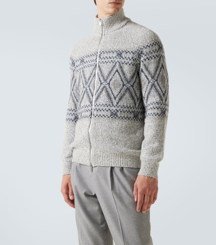 Brunello Cucinelli Argyle Wool, Silk And Cashmere Cardigan In Gray