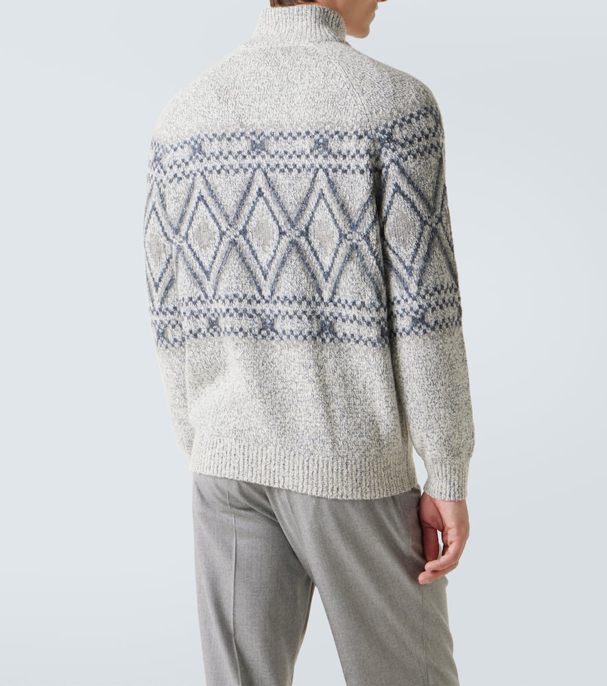Brunello Cucinelli Argyle Wool, Silk And Cashmere Cardigan In Gray