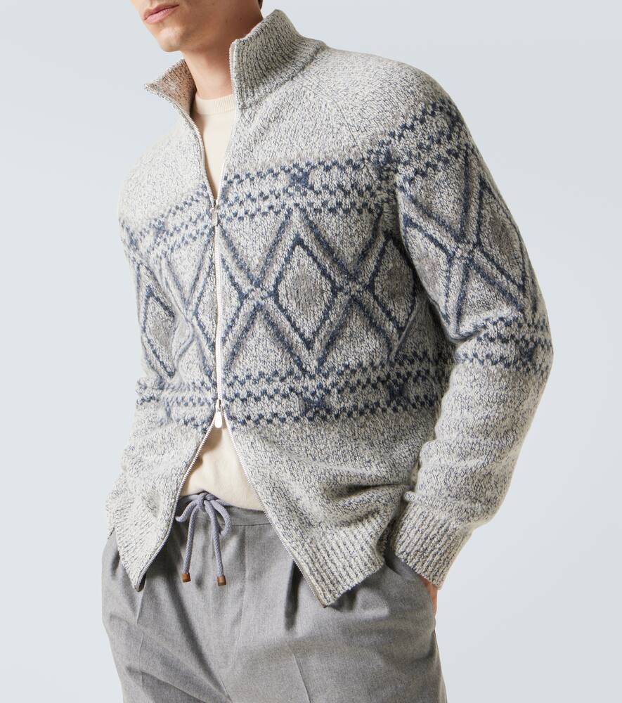 Brunello Cucinelli Argyle Wool, Silk And Cashmere Cardigan In Gray