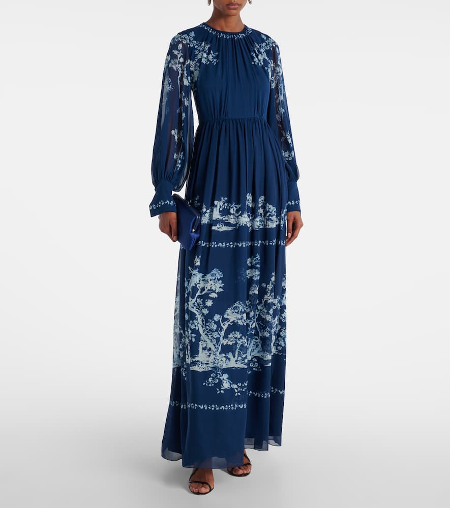 Erdem Floral Ruched Silk Gown In Blue