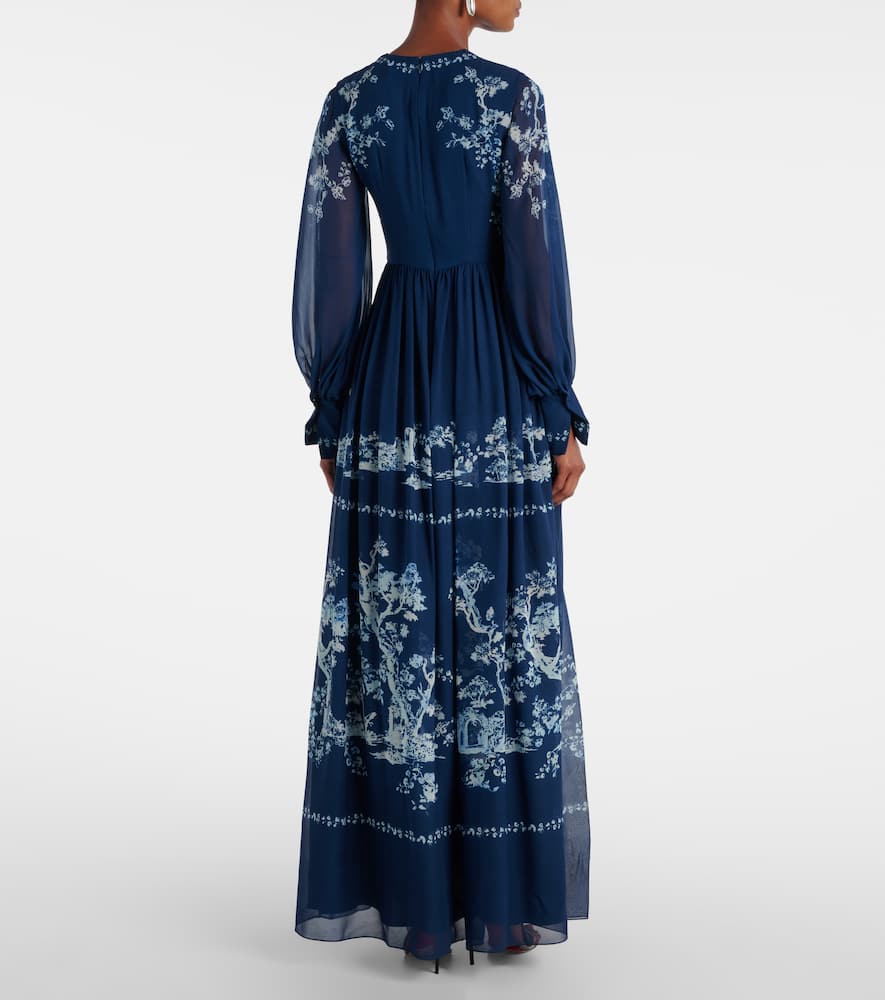 Erdem Floral Ruched Silk Gown In Blue