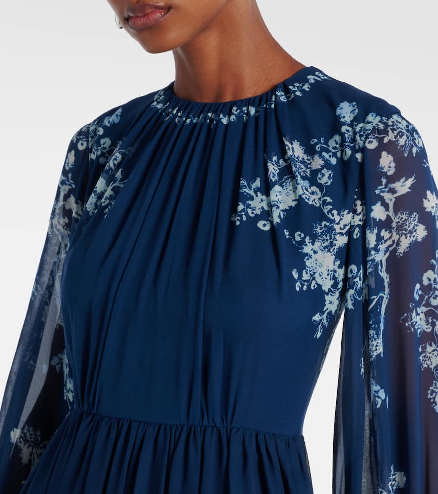 Erdem Floral Ruched Silk Gown In Blue