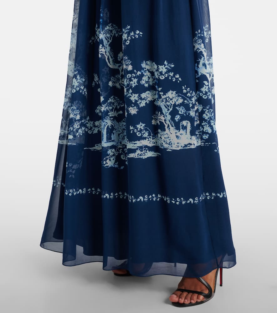 Erdem Floral Ruched Silk Gown In Blue