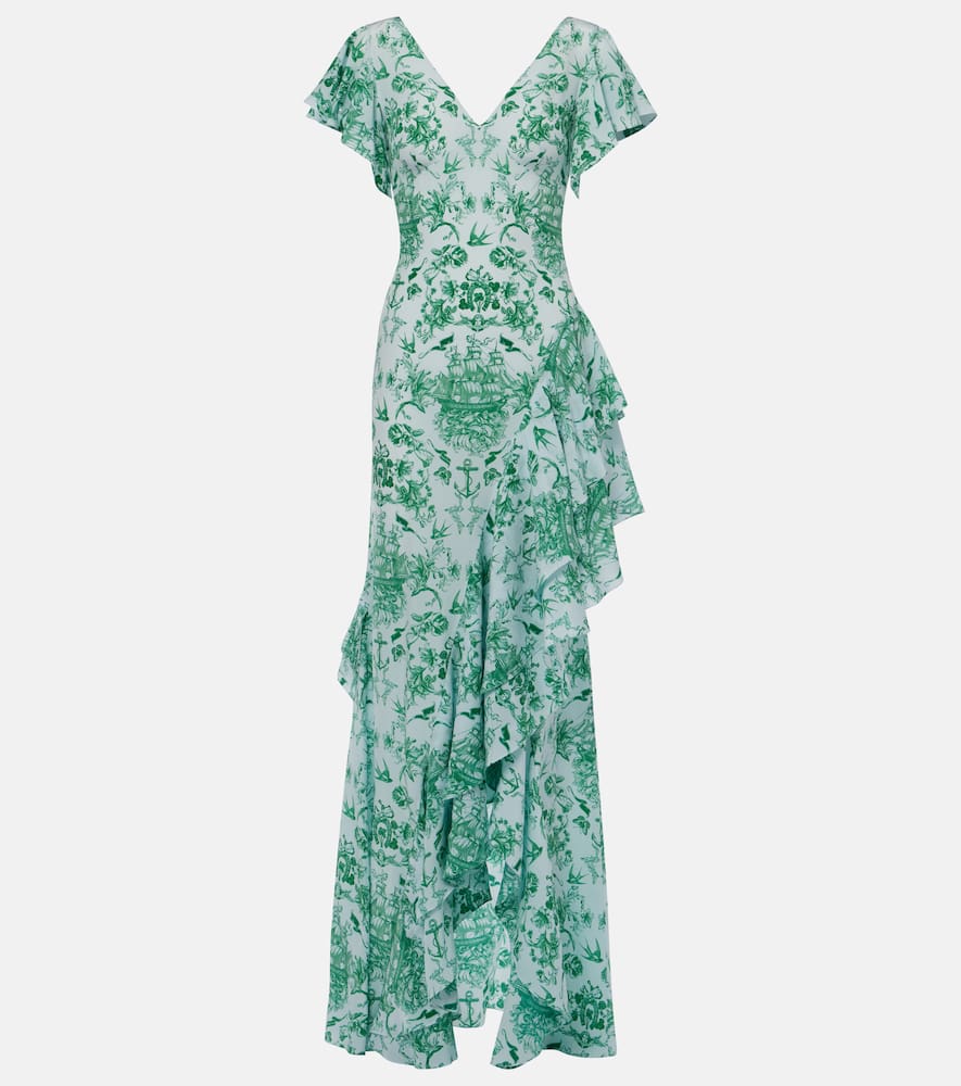 Printed ruffled silk crêpe de chine gown
