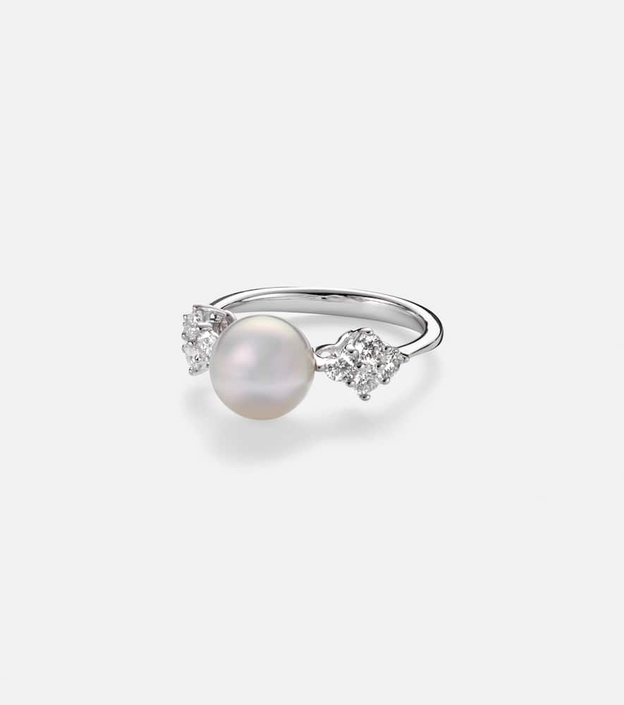 Mikimoto 18kt White Gold Ring With Pearl And Diamonds In Silver
