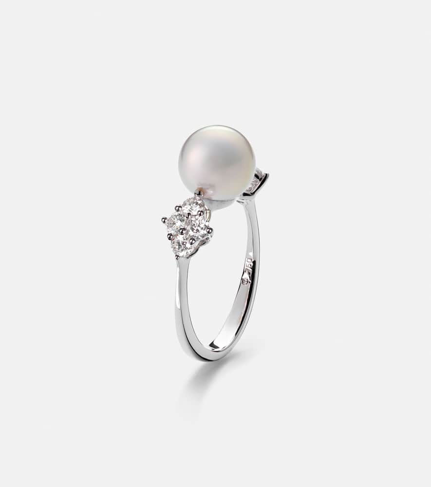 Mikimoto 18kt White Gold Ring With Pearl And Diamonds In Silver