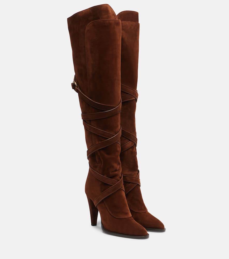 Saint Laurent Suede Knee-high Boots In Brown