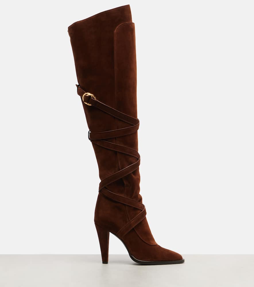 Saint Laurent Suede Knee-high Boots In Brown