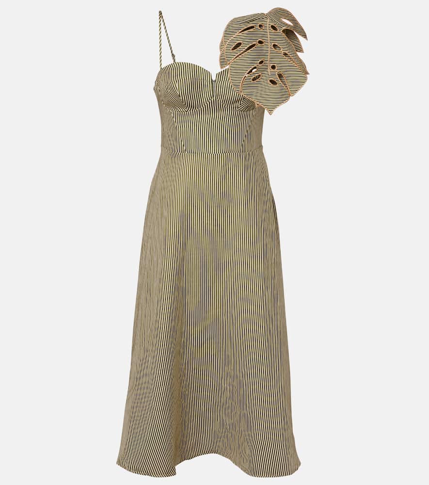 Farm Rio Striped Monstera Linen Midi Dress In Green