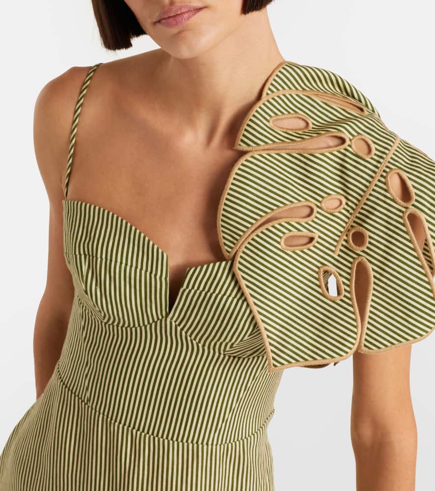 Farm Rio Striped Monstera Linen Midi Dress In Green