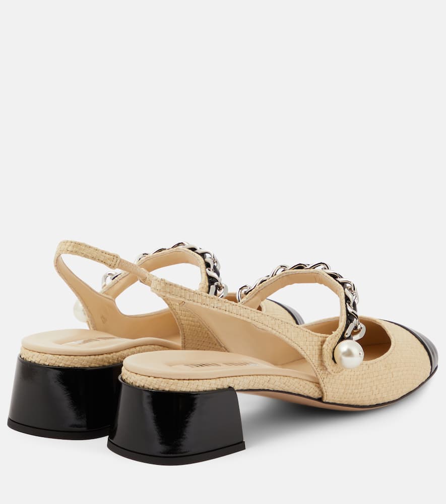Miu Miu Leather-trimmed Raffia Slingback Mary Janes In Neutrals