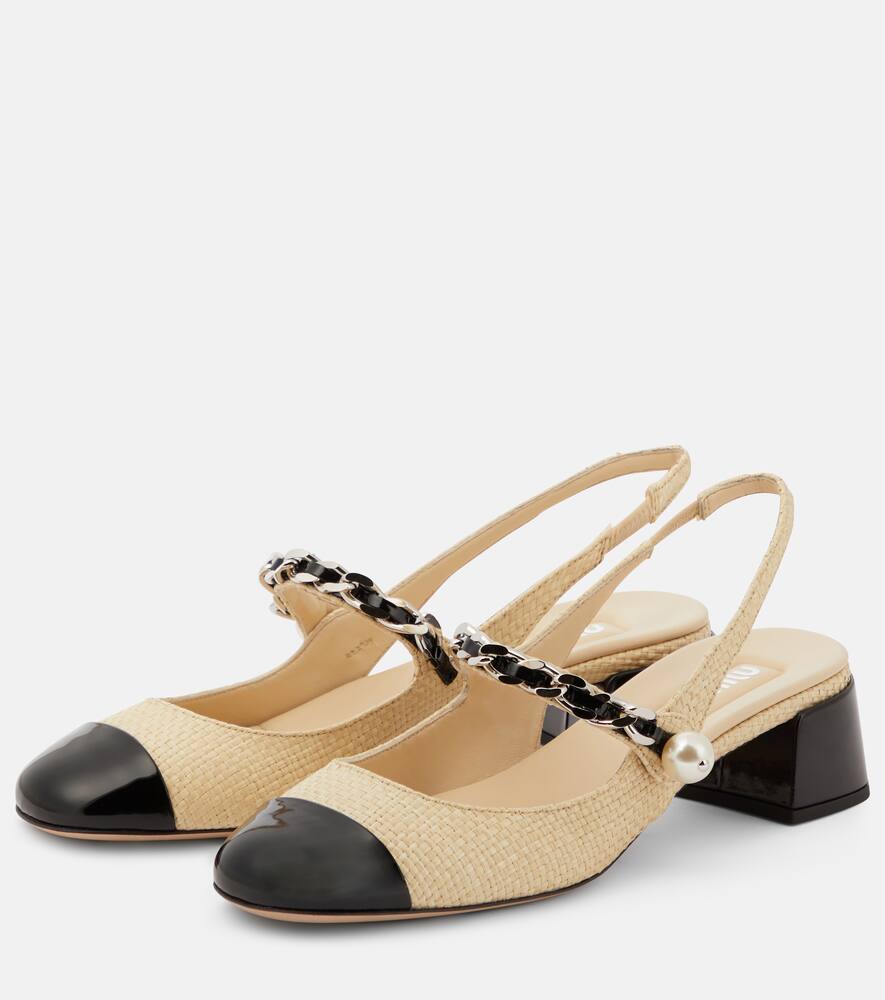 Miu Miu Leather-trimmed Raffia Slingback Mary Janes In Neutrals