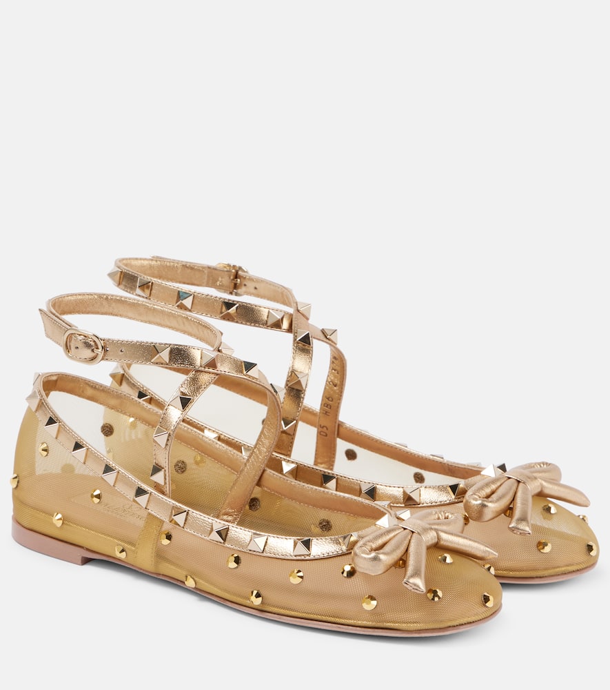 Valentino Rockstud Embellished Mesh Ballet Flats In Gold
