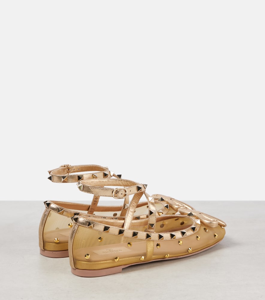 Valentino Rockstud Embellished Mesh Ballet Flats In Gold