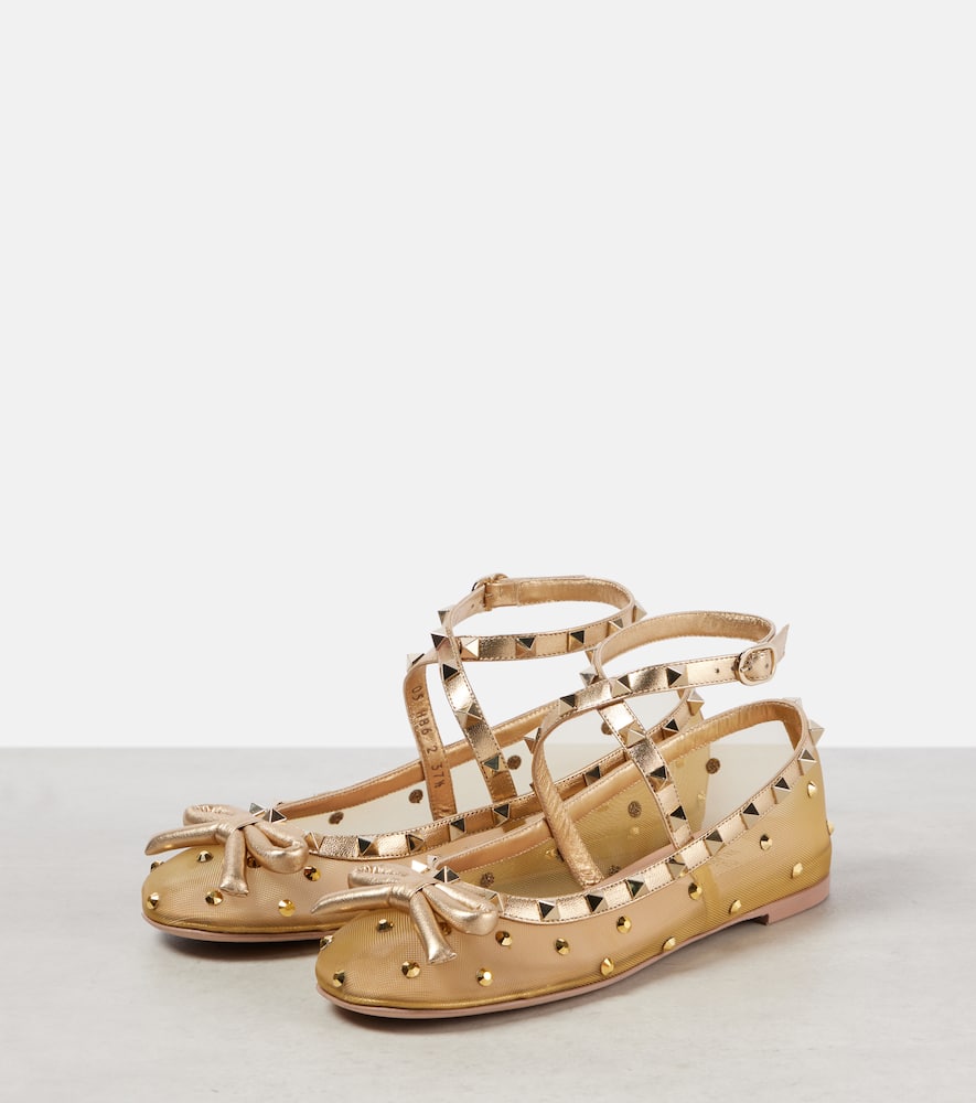 Valentino Rockstud Embellished Mesh Ballet Flats In Gold