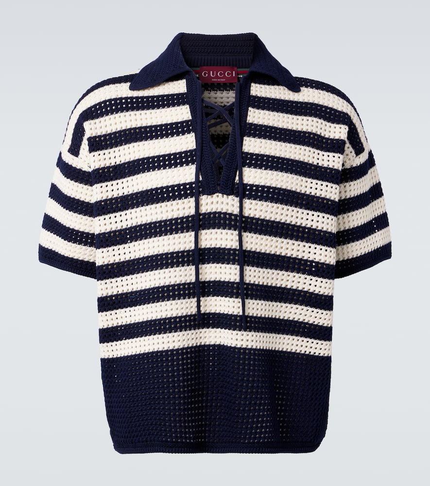 Open-knit striped cotton polo shirt