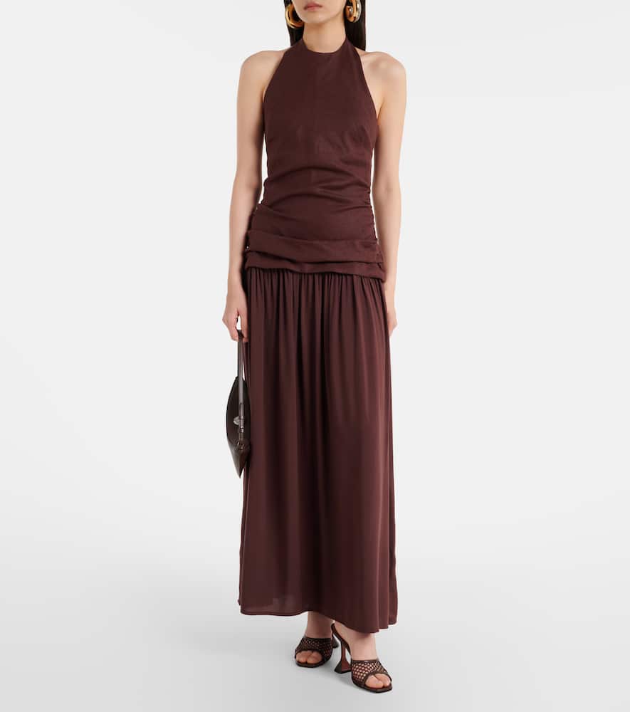 Faithfull Tali Halterneck Linen Maxi Dress In Brown