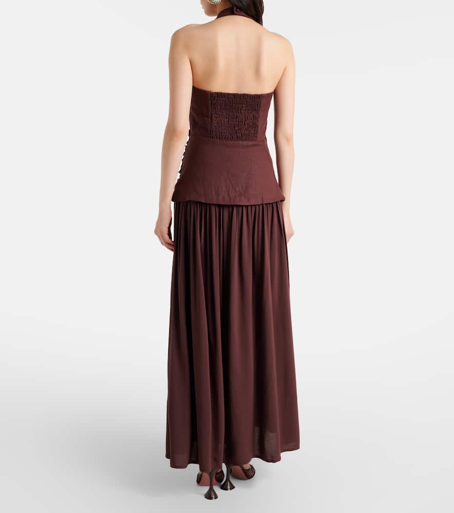 Faithfull Tali Halterneck Linen Maxi Dress In Brown