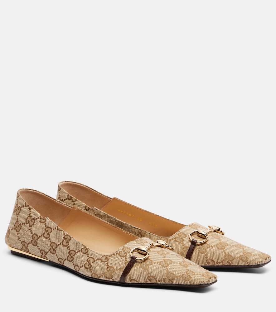 Gucci Horsebit Gg Canvas Ballet Flats In Sand