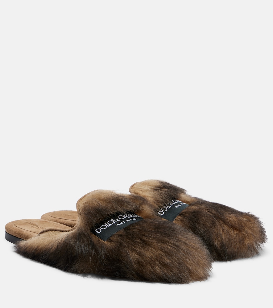 Dolce & Gabbana Logo suede-trimmed shearling mules