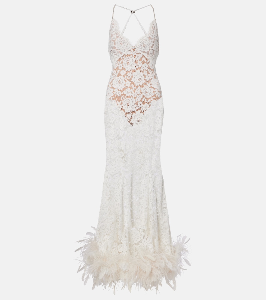 Robe aus Spitze mit Federnbesatz