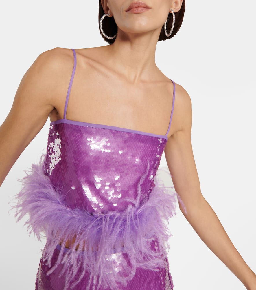 Shop Giuseppe Di Morabito Feather-trimmed Sequined Crop Top In Purple