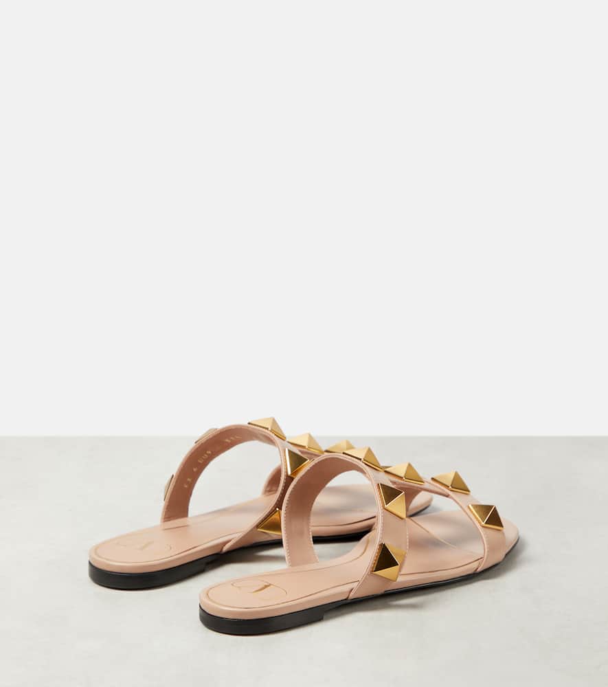 Shop Valentino Roman Stud Leather Slides In Beige