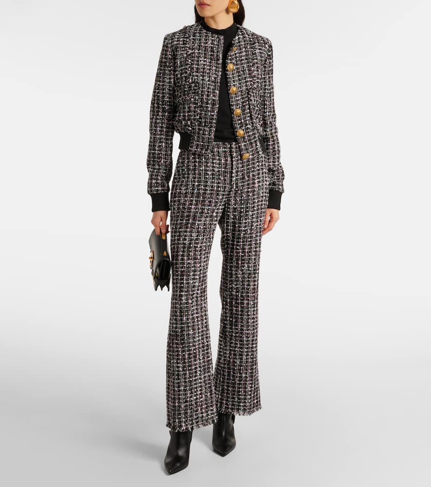 Balmain Mid Rise Tweed Flared Trousers In Black